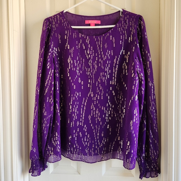 Lilly Pulitzer Tops - Lilly Pulitzer Idina‎ Long Sleeve Purple Silk Metallic Top Size Large